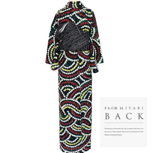 浴衣 リサイクル 夏着物 身丈153cm 裄62.8cm 夏物 絞り 青海波柄 グリーン Sサイズ カジュアル 木綿 洗える着物 バチ衿 Sランク