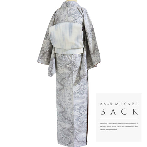 紬 リサイクル 身丈161.3cm 裄65.6cm 袷 地紙に松や花柄 麻の葉柄 グレー Lサイズ カジュアル しつけ糸 正絹 広衿 Sランク