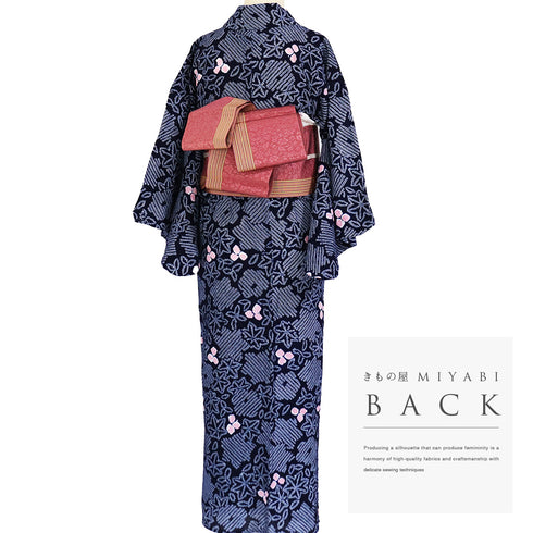 浴衣 リサイクル 夏着物 身丈145cm 裄60.8cm 夏物 ジュニアサイズ 絞り 紅葉模様 ネイビー SSサイズ カジュアル 木綿 洗える着物 バチ衿 Sランク