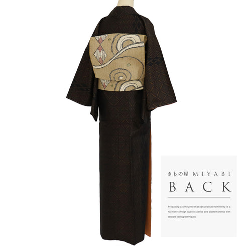 紬 リサイクル 身丈164.5cm 裄64.8cm 袷 デザイン綱模様 ブラック Lサイズ お洒落 証紙 正絹 広衿 Aランク