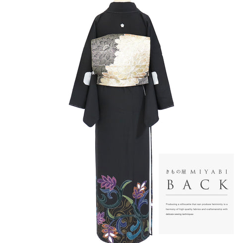 黒留袖 リサイクル 身丈161.3cm 裄66.8cm 袷 唐草柄 刺繍 箔 ブラック Lサイズ 五つ紋 しつけ糸 正絹 広衿 Sランク