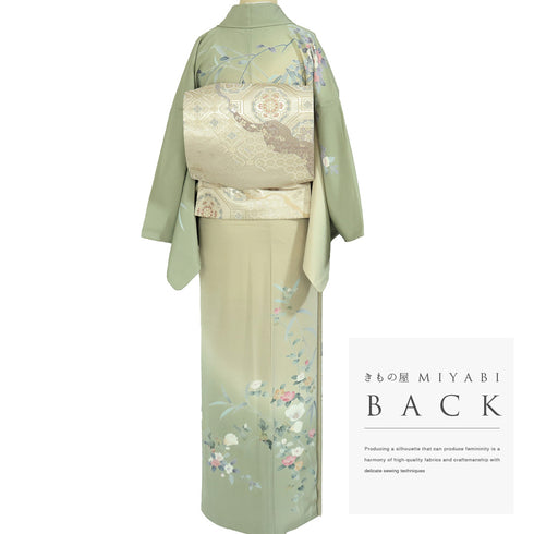 訪問着 リサイクル 身丈160.2cm 裄66.6cm 袷 枝花柄 松彩 グリーン Mサイズ セミフォーマル お洒落 正絹 広衿 Sランク