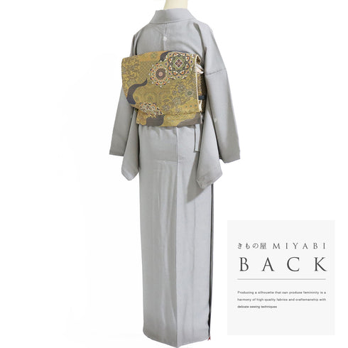 訪問着 リサイクル 身丈161.8cm 裄68.8cm 袷 裾ぼかし柄 地紋 グレー Lサイズ セミフォーマル 三つ紋 しつけ糸 正絹 広衿 Sランク