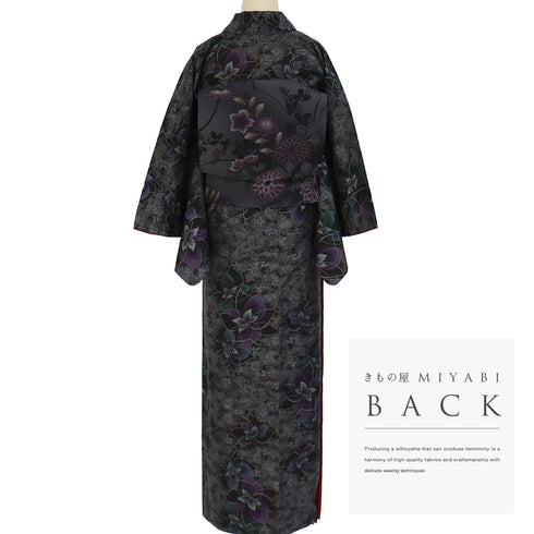 紬 リサイクル 身丈158.8cm 裄65.3cm 袷 花柄 ブラック Mサイズ お洒落 カジュアル しつけ糸 正絹 広衿 Sランク