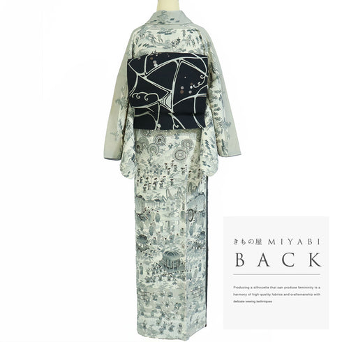 付下げ リサイクル 身丈158.2cm 裄67.6cm 袷 祭礼柄 グレー Mサイズ お洒落 正絹 広衿 Sランク