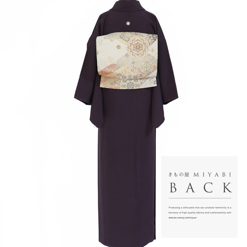 色無地 リサイクル 身丈155cm 裄62cm 袷 パープル Sサイズ セミフォーマル お洒落 落款 一つ紋 しつけ糸 正絹 広衿 地紋なし Sランク