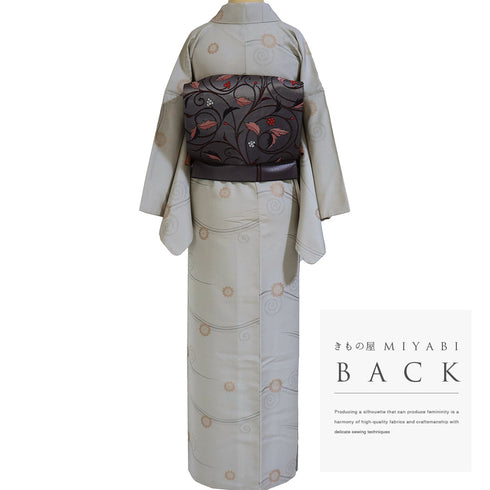 小紋 リサイクル 身丈153.8cm 裄64.8cm 袷 菊柄 デザイン蔓柄 パールトーン加工 グレー Sサイズ お洒落 しつけ糸 正絹 広衿 Aランク