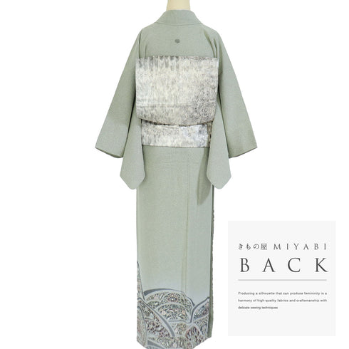 色留袖 リサイクル 身丈158.7cm 裄64cm 袷 彩天目織 オリエンタル花柄 グリーン Mサイズ 一つ紋 正絹 広衿 Aランク