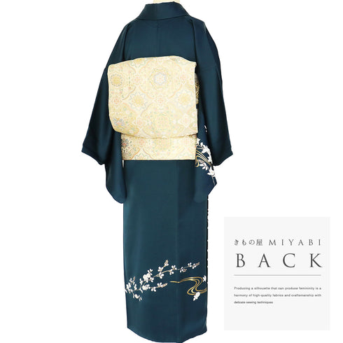 付下げ リサイクル 身丈156.7cm 裄62.6cm 袷 椿や花枝模様 箔加工 パールトーン加工 ネイビー Mサイズ フォーマル セミフォーマル 正絹 広衿 Aランク