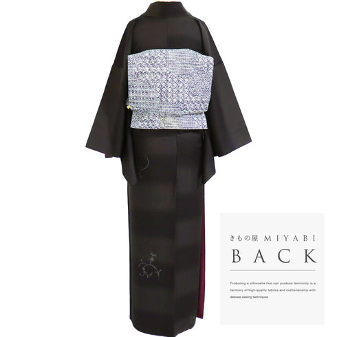 小紋 リサイクル 身丈161.7cm 裄64.8cm 袷 ミシン刺繍 織段ボカシ柄 ブラウン Lサイズ お洒落 カジュアル 正絹 広衿 Sランク