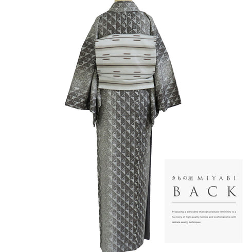 紬 リサイクル 身丈158cm 裄66.4cm 袷 縦鱗柄 縞模様 グレー Mサイズ お洒落 落款 正絹 広衿 Sランク