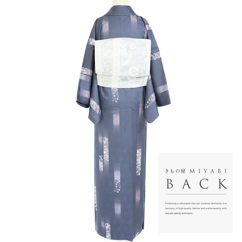 小紋 リサイクル 身丈165.7cm 裄66.4cm 袷 ぼかし短冊に草花柄 地紋 パールトーン加工 ブルー LLサイズ お洒落 カジュアル 正絹 広衿 Sランク