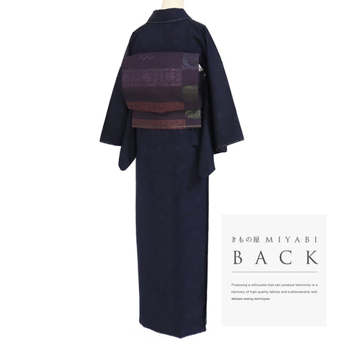 結城紬 リサイクル 身丈163.5cm 裄65.6cm 袷 絣丸輪柄 ネイビー Lサイズ お洒落 カジュアル 証紙 しつけ糸 正絹 広衿 Sランク