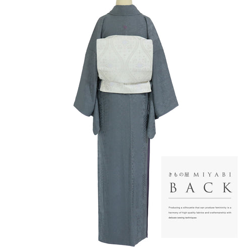 色無地 リサイクル 身丈165cm 裄68cm 袷 短冊寄柄 グレー Lサイズ セミフォーマル お洒落 一つ紋 正絹 広衿 地紋あり Aランク