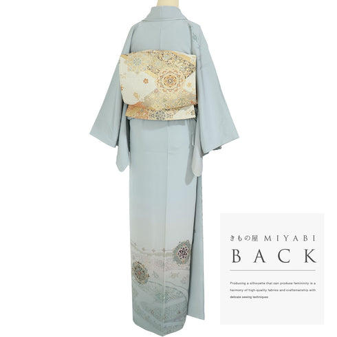 訪問着 リサイクル 身丈159.2cm 裄64.4cm 袷 華文柄 汕頭刺繍 グレー Mサイズ セミフォーマル お洒落 正絹 広衿 Sランク