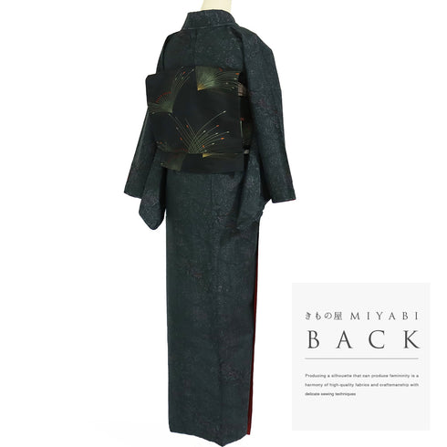 大島紬 リサイクル 身丈161.2cm 裄66.8cm 袷 草花柄 ネイビー Lサイズ お洒落 カジュアル 証紙 しつけ糸 正絹 広衿 Sランク