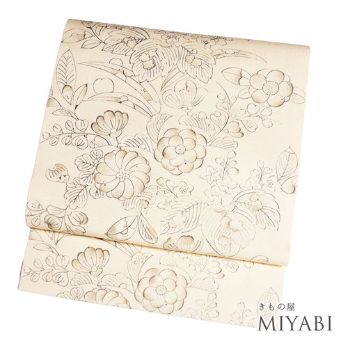 名古屋帯 リサイクル 帯丈373cm 全通 辻が花風 アイボリー Mサイズ 正絹 Sランク お洒落