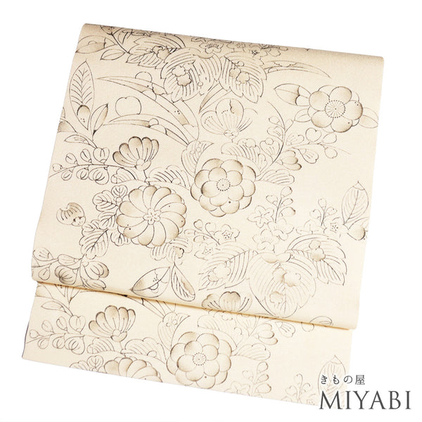 名古屋帯 リサイクル 帯丈373cm 全通 辻が花風 アイボリー Mサイズ 正絹 Sランク お洒落