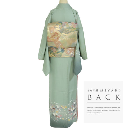 付下げ 身丈169.3cm 裄68cm 袷 椿柄 箔 グリーン LLサイズ セミフォーマル お洒落 正絹 広衿 Sランク