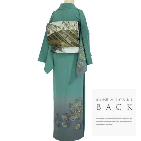 訪問着 リサイクル 身丈159.2cm 裄65.2cm 袷 向かい鳥華紋柄 刺繍 グリーン Mサイズ セミフォーマル お洒落 正絹 広衿 Sランク