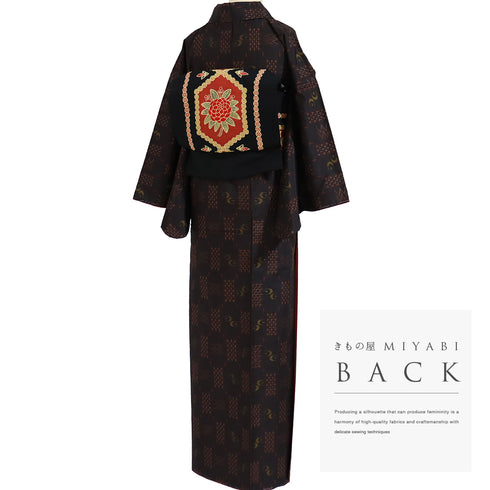 紬 リサイクル 身丈163.3cm 裄66.4cm 袷 伊勢崎絣 絣柄 ブラック Lサイズ お洒落 カジュアル 証紙 しつけ糸 正絹 広衿 Sランク