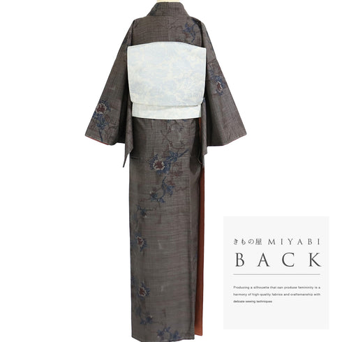 紬 リサイクル 身丈167cm 裄66.2cm 袷 花に枝模様 ブラウン LLサイズ お洒落 カジュアル しつけ糸 正絹 広衿 Sランク