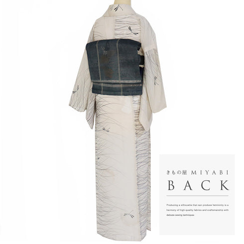 小紋 リサイクル 夏着物 身丈153cm 裄64.8cm 夏物 芝模様 とんぼ柄 雪輪 ミシン仕立て 後身頃居敷当て付き ベージュ Sサイズ カジュアル お洒落 ポリエステル 洗える着物 広衿 Sランク