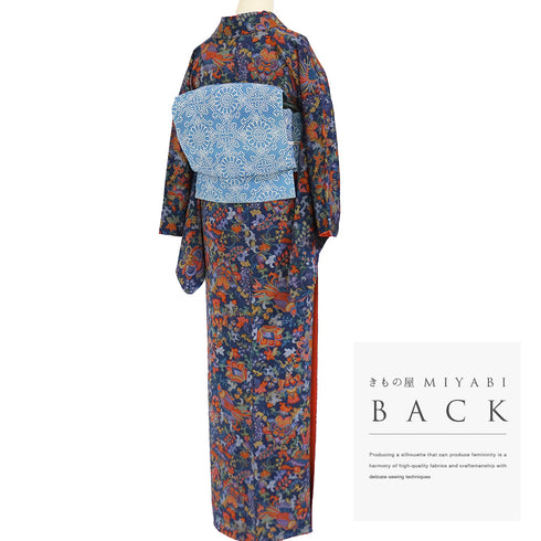 小紋 リサイクル 身丈162cm 裄64.3cm 袷 花唐草柄 鳳凰柄 ネイビー Lサイズ カジュアル お洒落 正絹 広衿 Sランク