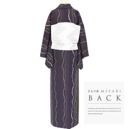 小紋 リサイクル 身丈163.8cm 裄66.8cm 袷 曲線柄 パープル Lサイズ お洒落 カジュアル 正絹 広衿 Aランク