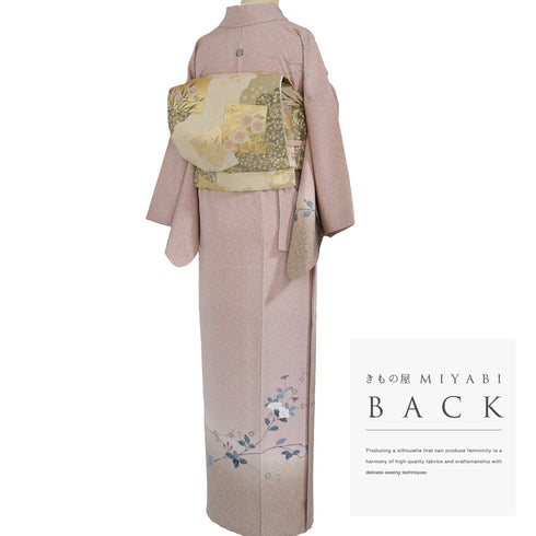 訪問着 リサイクル 身丈156.5cm 裄64.4cm 袷 花枝柄 ピンク Mサイズ セミフォーマル 一つ紋 正絹 広衿 Sランク