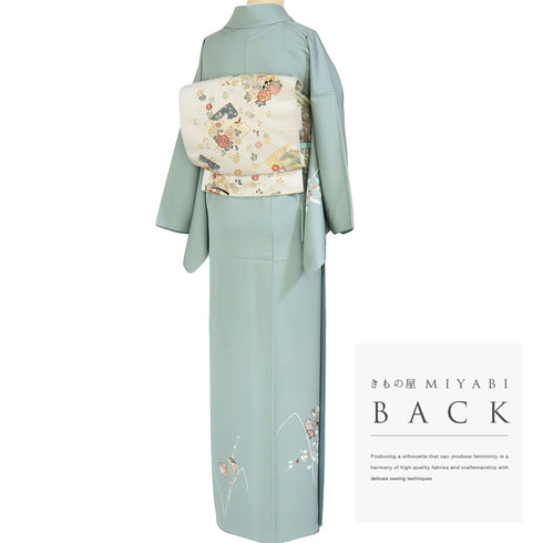 付下げ リサイクル 身丈160cm 裄66.8cm 袷 丸に扇子柄 金駒刺繍 グリーン Mサイズ セミフォーマル お洒落 正絹 広衿 Sランク