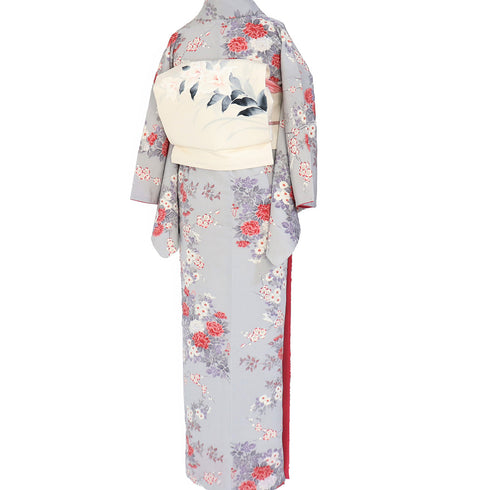 小紋 リサイクル 身丈156cm 裄62.6cm 袷 花柄 ちりめん グレー Mサイズ お洒落 カジュアル 正絹 広衿 Sランク