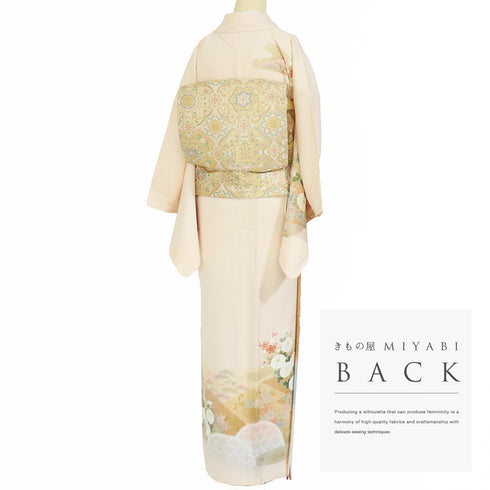 訪問着 リサイクル 身丈158cm 裄65.8cm 袷 御所車に鴛鴦や松竹梅柄 箔 作家 松井青々 ピンク Mサイズ フォーマル セミフォーマル 正絹 広衿 Aランク