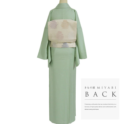 色無地 リサイクル 身丈159.8cm 裄70.4cm 袷 松柄 グリーン Mサイズ お洒落 落款 正絹 広衿 地紋あり Sランク