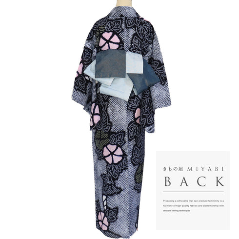 リサイクル 夏着物 身丈155.5cm 裄66cm 夏物 絞り 花柄 ネイビー Mサイズ カジュアル 木綿 洗える着物 バチ衿 Sランク