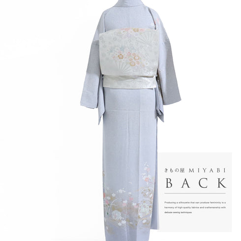 訪問着 リサイクル 身丈163.5cm 裄68.2cm 袷 菊柄 グレー Lサイズ セミフォーマル お洒落 正絹 広衿 Sランク