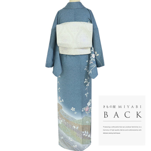 訪問着 リサイクル 身丈159.8cm 裄64.4cm 袷 辻ヶ花風柄 部分絞り加工 箔 ブルー Mサイズ フォーマル 正絹 広衿 Sランク