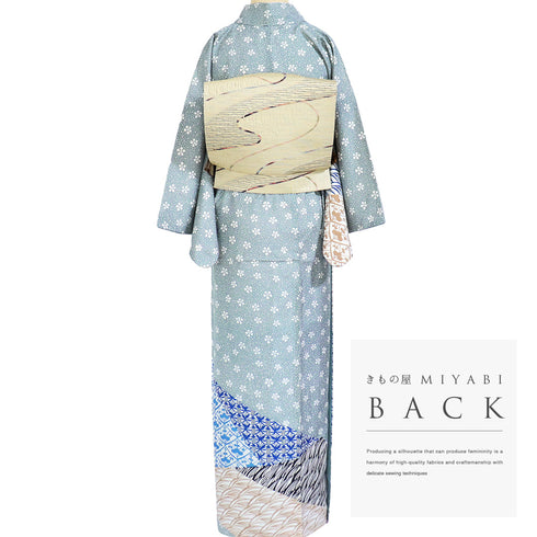 付下げ リサイクル 身丈155.7cm 裄64.6cm 袷 紬 梅鉢模様に裂取り柄 染め ブルー Mサイズ お洒落 正絹 広衿 Aランク