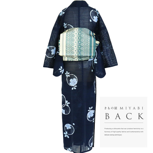 浴衣 リサイクル 夏着物 身丈162.7cm 裄67cm 絽 夢工房 桜柄 ミシン仕立て ネイビー Lサイズ カジュアル 木綿 洗える着物 バチ衿 Aランク