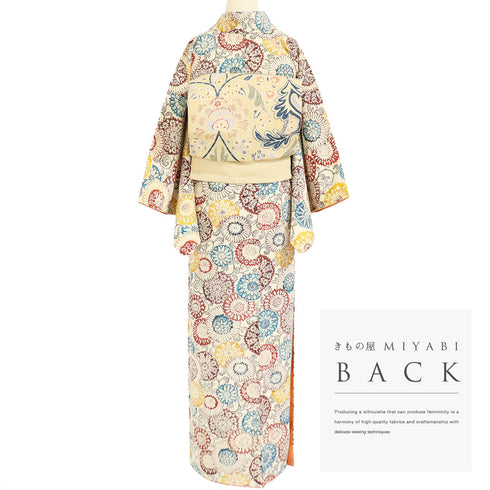 小紋 リサイクル 身丈153.5cm 裄63.2cm 袷 デザイン花柄 型染め ベージュ Sサイズ お洒落 カジュアル 正絹 広衿 Sランク