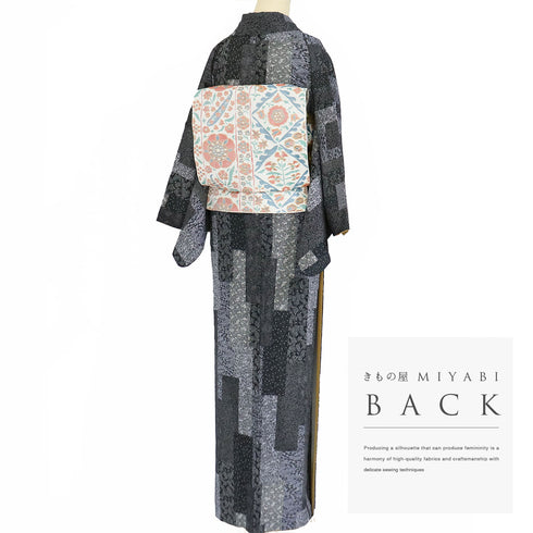 小紋 リサイクル 身丈163cm 裄65.4cm 袷 寄せ柄 パールトーン加工 ブラック Lサイズ お洒落 正絹 広衿 Sランク