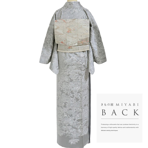 訪問着 リサイクル 身丈163.5cm 裄66cm 袷 鳳凰に花や蝶柄 山岡古都 天目織 グレー Lサイズ お洒落 正絹 広衿 Aランク