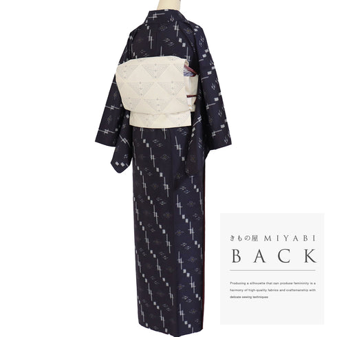 紬 リサイクル 身丈168.7cm 裄65cm 袷 絣に燕柄 ネイビー LLサイズ カジュアル お洒落 正絹 広衿 Aランク