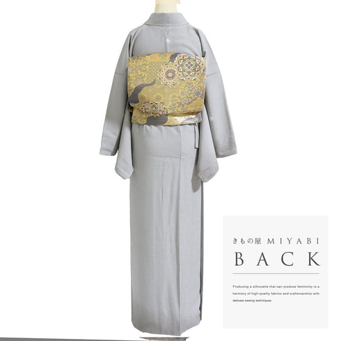 訪問着 リサイクル 身丈161.8cm 裄68.8cm 袷 裾ぼかし柄 地紋 グレー Lサイズ セミフォーマル 三つ紋 しつけ糸 正絹 広衿 Sランク