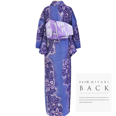 浴衣 リサイクル 夏着物 身丈154.8cm 裄64cm 夏物 絞り 花と蝶々柄 地紋 後身頃居敷当て付き パープル Sサイズ カジュアル 木綿 洗える着物 バチ衿 Aランク