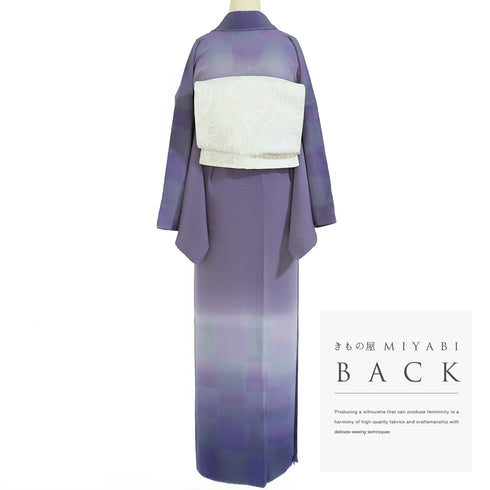 訪問着 リサイクル 身丈160cm 裄69cm 袷 ぼかし市松柄 パープル Mサイズ お洒落 正絹 広衿 Sランク