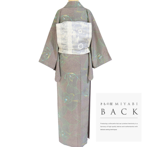 小紋 リサイクル 身丈156.2cm 裄65.6cm 袷 大輪の花模様 地紋 パープル Mサイズ お洒落 カジュアル 正絹 広衿 Sランク