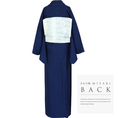 小紋 リサイクル 身丈157.5cm 裄66.4cm 袷 麻の葉柄 藍染 ゆったりサイズ ネイビー Mサイズ お洒落 カジュアル しつけ糸 正絹 広衿 Sランク