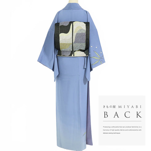 訪問着 リサイクル 身丈163.8cm 裄66.2cm 袷 源氏香 竹柄 夢や ゆったりサイズ ブルー Lサイズ お洒落 セミフォーマル 落款 しつけ糸 正絹 広衿 Sランク