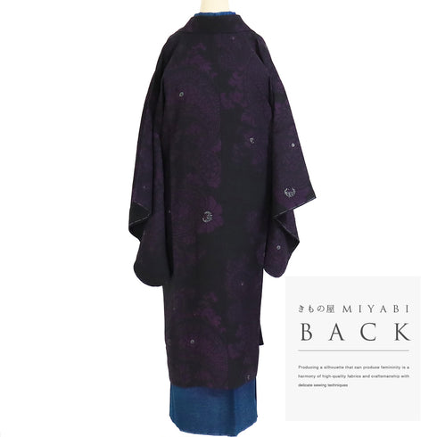 道中着 リサイクル 身丈120cm 裄67.2cm 単衣 ペイズリー柄 地紋 箔 ロング丈 ブラック Lサイズ お洒落 正絹 Sランク